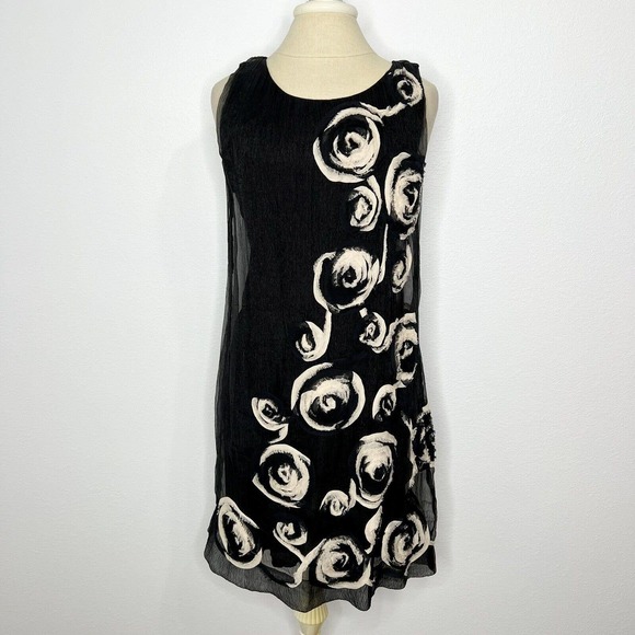 Yoana Baraschi Black & Ivory Floral Sleeveless Crepe Overlay Dress Sz M - Picture 1 of 12